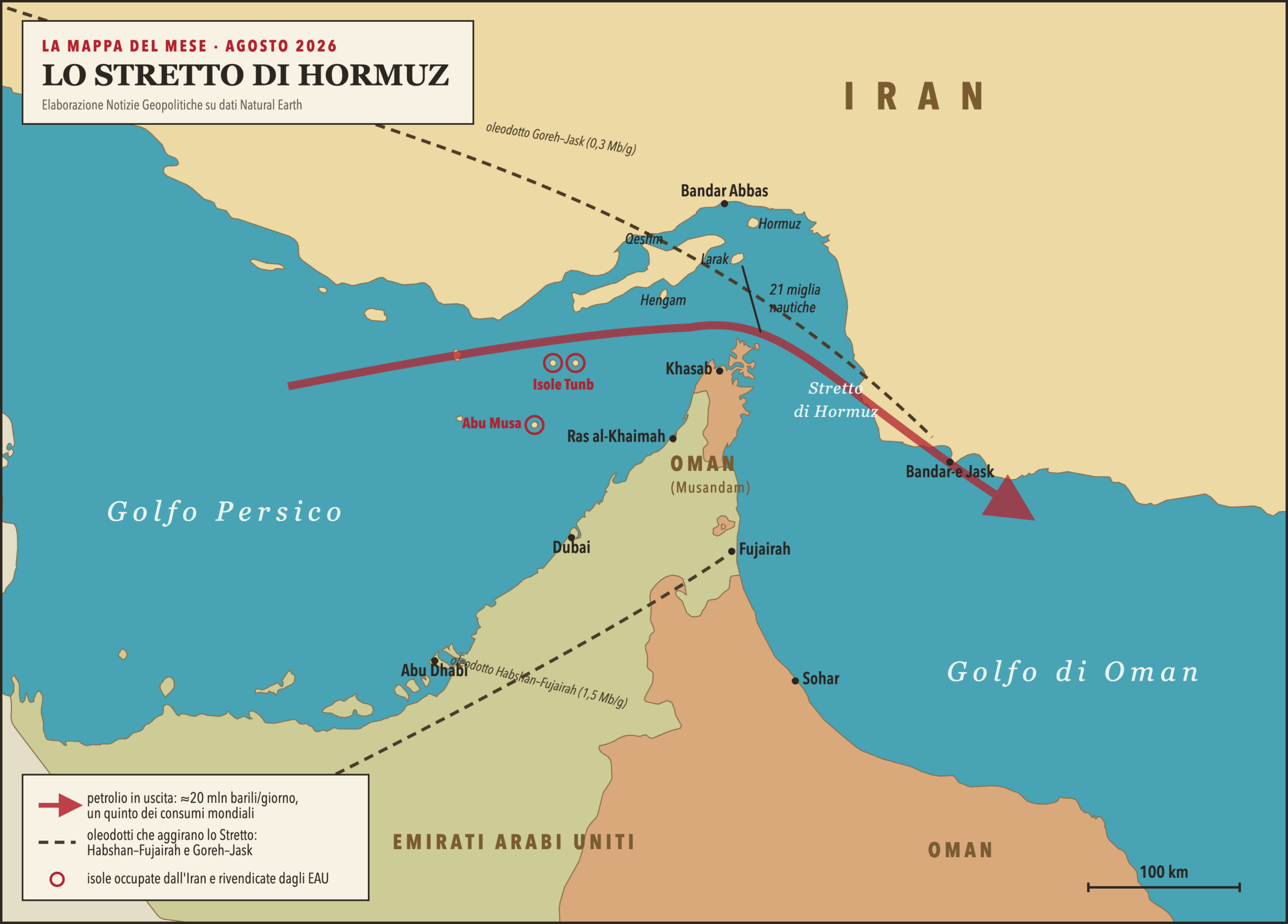 Carta dello Stretto di Hormuz: flusso petrolifero, isole contese e oleodotti di aggiramento